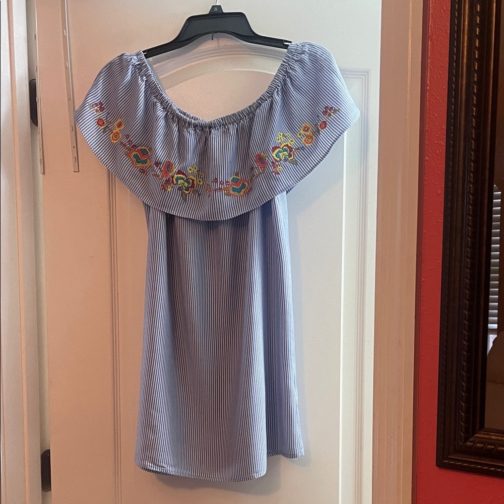 Striped Off-Shoulder Dress with Floral Embroidery